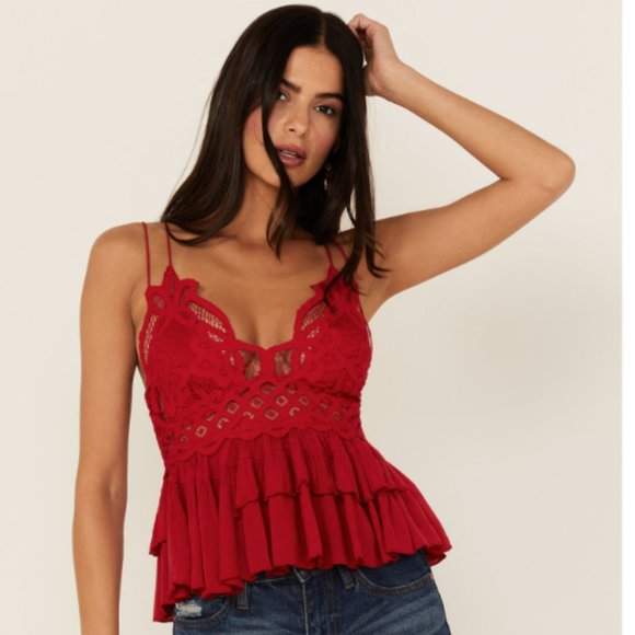 Free People Tops - NWT FREE PEOPLE ADELLA CAMI CHERRY RED LACE PEPLUM HEM F19L04406 SMALL MSRP $68